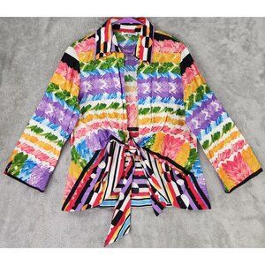 Mishca Shirt Womens XL Multicolor Tie Waist 3/4 Sleeve Popover Retro 90s Vintage